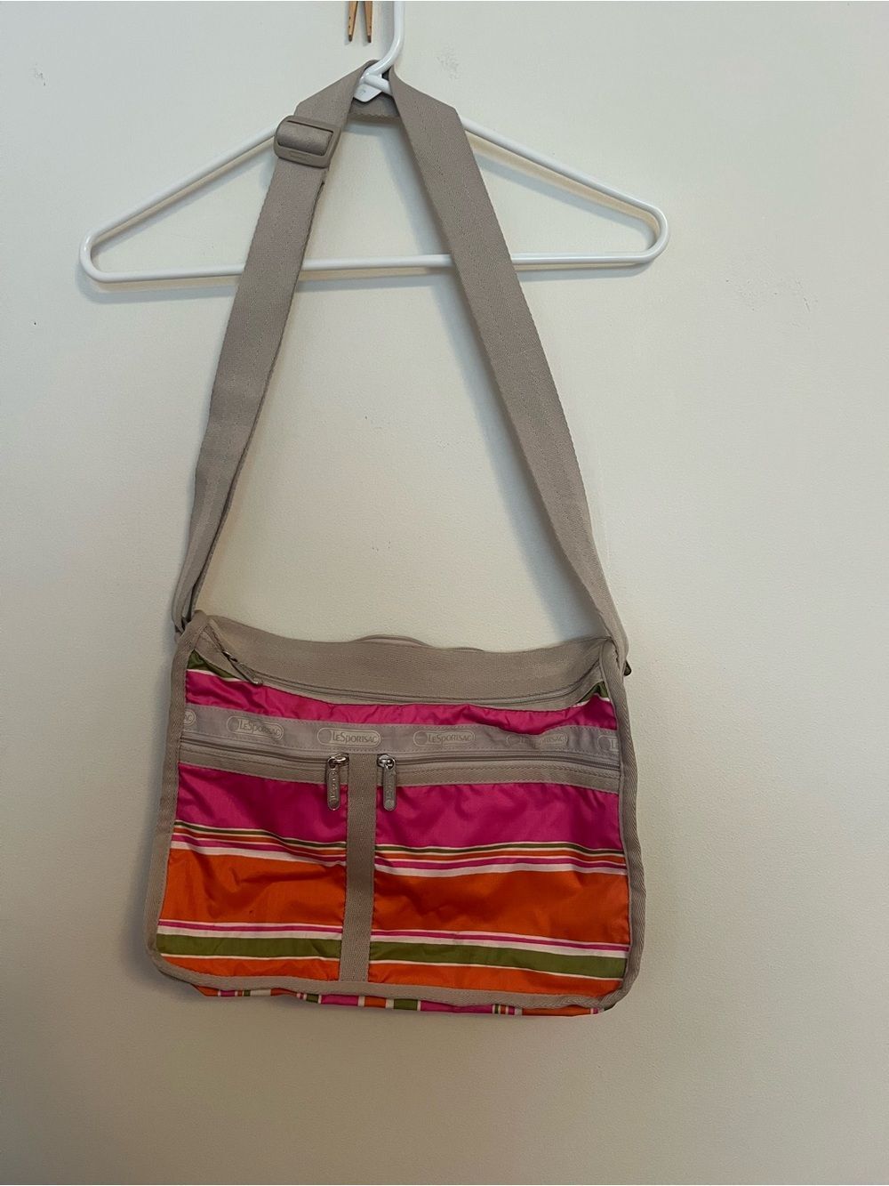 Lesportsac Pink, Orange & Taupe Striped Crossbody Bag